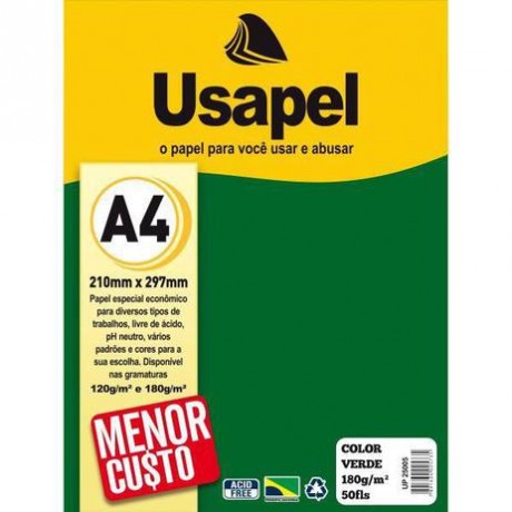 USAPEL COLOR VERDE 180G/M2 210X297MM 50FLS