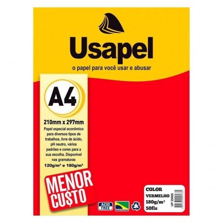 USAPEL COLOR VERMELHO 180G/M2 210X297MM 50FLS